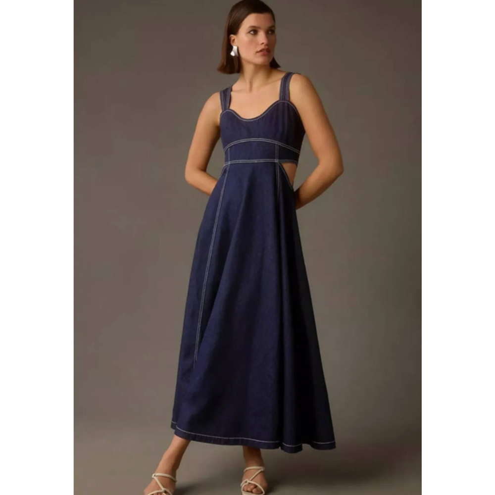 Aureta x Anthropologie Denim Cutout Maxi Dress Indigo Blue Contrast Stitch Large